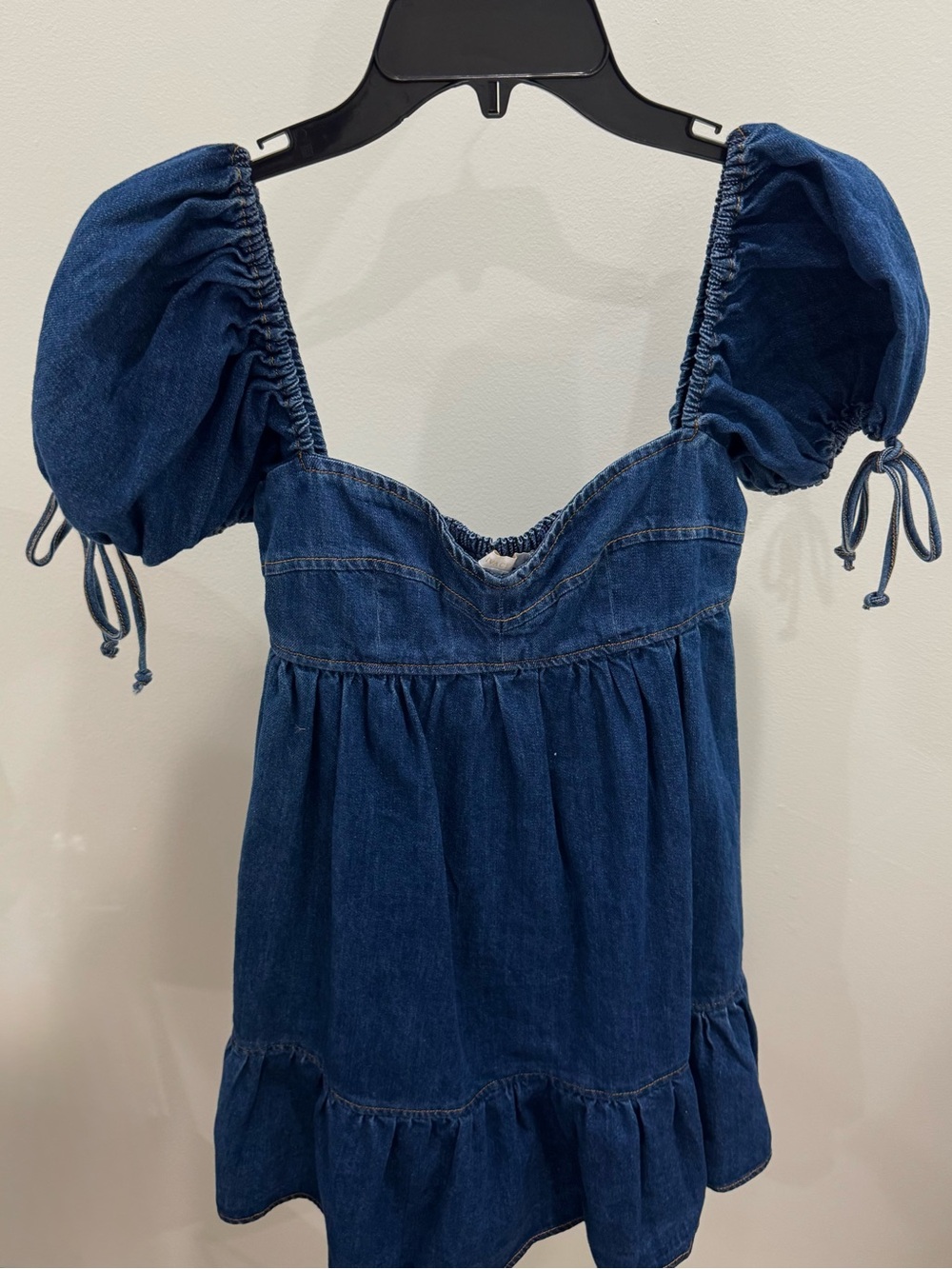 Olivaceous Denim Mini Dress in Dark Blue with Puff Sleeves